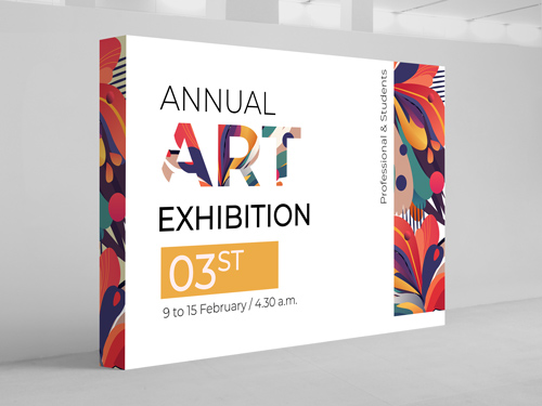 A vibrant pop up banner showcasing the Annual Art Exhibition dates.
