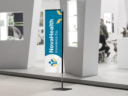 Nova Health Insurance rectangle flag for trade shows with branded elements.