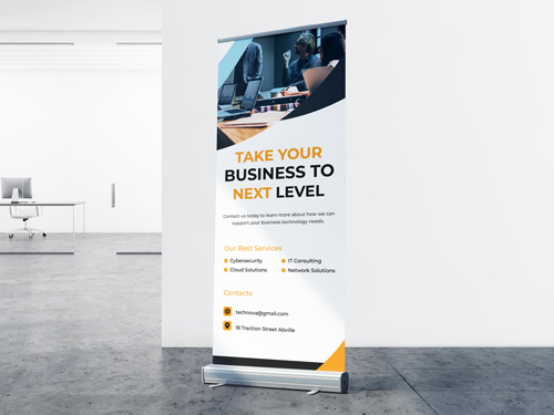 A trade show retractable banner showcasing information for businesses.
