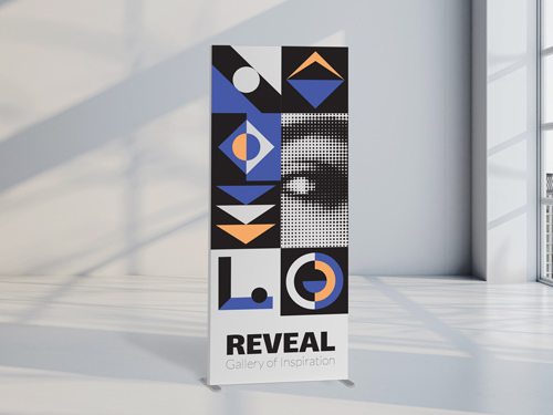 Vivid SEG fabric display with geometric shapes for trade shows.