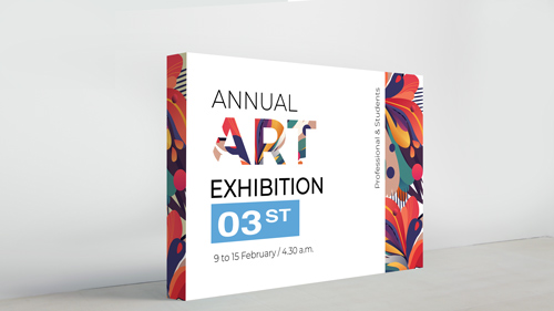 Colorful standing banner for Annual Art Exhibition with vibrant abstract patterns