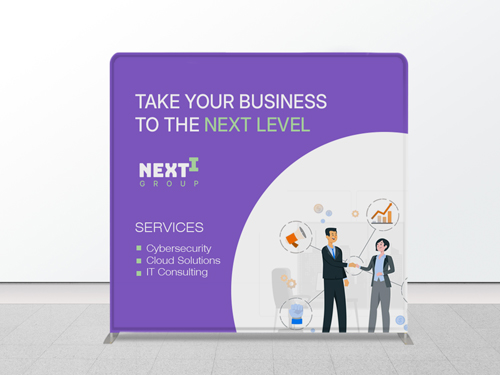 A purple and white trade show tension fabric backdrop showcasing a brand logo, slogan, and services.