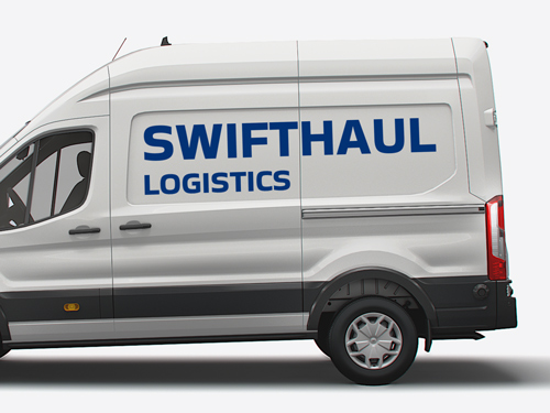 Vehicle lettering on white delivery van displaying logistics company branding