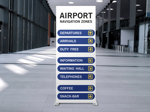 Wayfinding SEG fabric display with directional arrows for airport zones.
