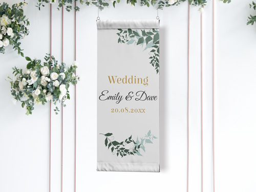 Wedding ceremony invitation vinyl banner showcasing the event date with decorative elements.