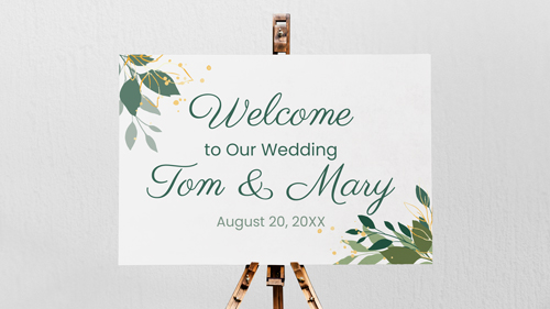 Metal wedding sign featuring elegant typography, displayed against a white background with natural elements