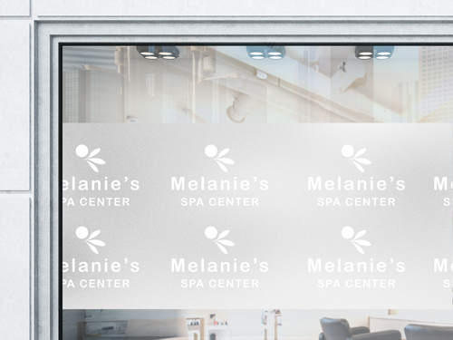 Elegant window decal featuring Melanie's name repeated with decorative motifs