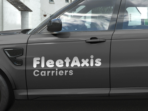 White vehicle lettering on gray vehicle door showing FleetAxis Carriers branding.