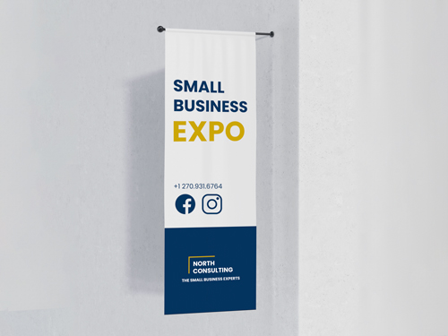 Small Business Expo pole flag featuring social media icons and contact details.